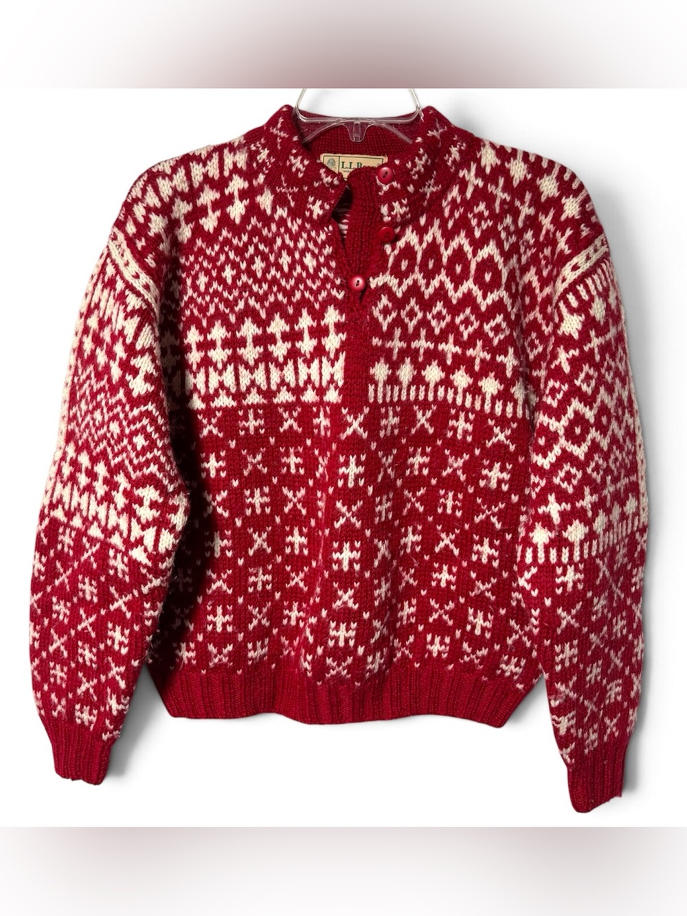 Vtg 80s L.L. Bean Red Fair Isle Wool Sweater S Chunky Nordic Ski Lodge Cabin